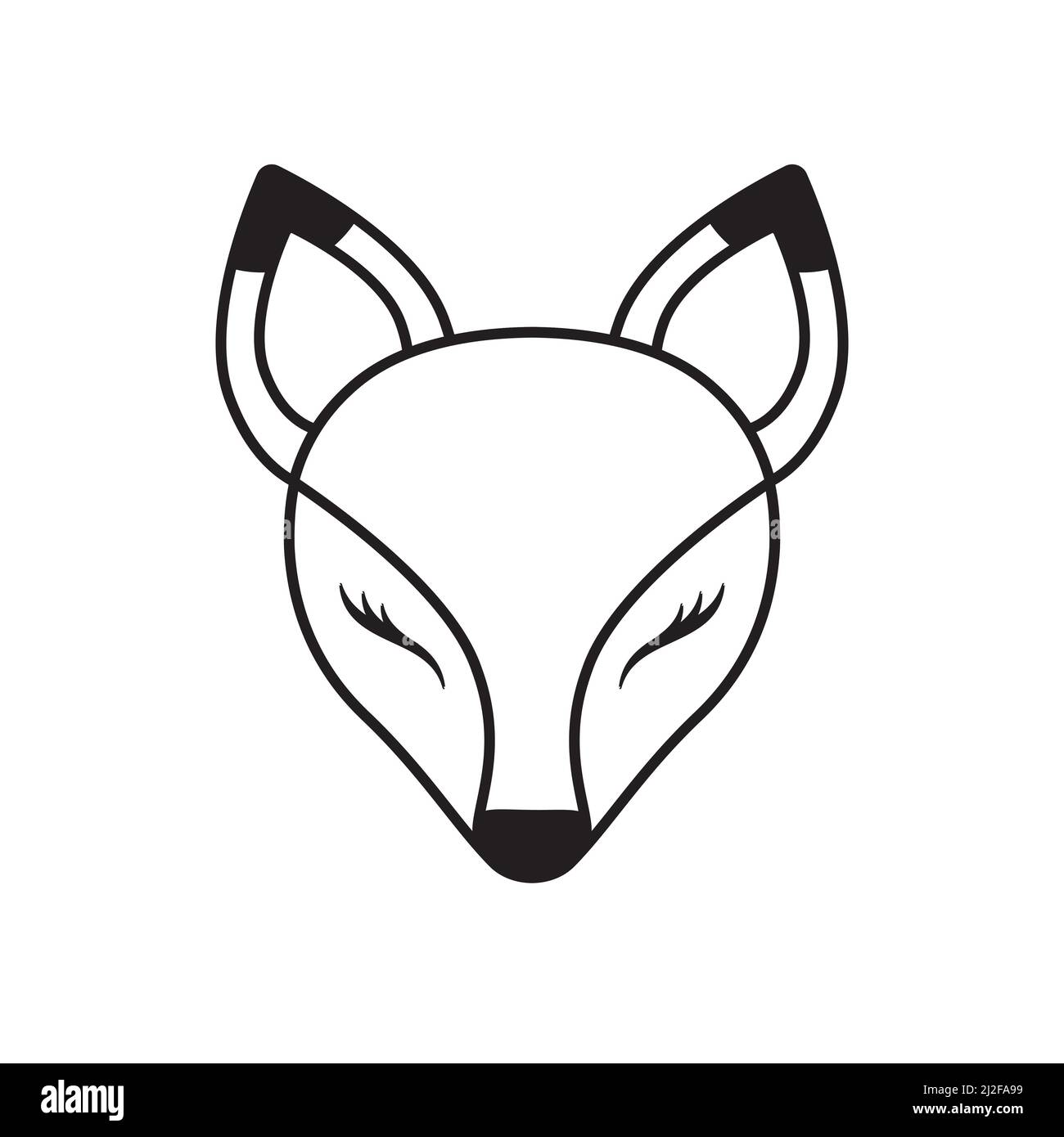 Vector black outline flat cartoon fox face isolated on white background