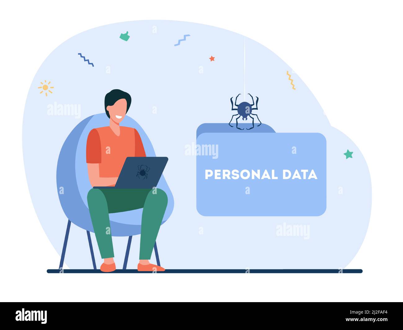 Happy hacker stealing personal data. Computer, laptop, spider flat vector illustration. Digital technology and information concept for banner, website Stock Vector