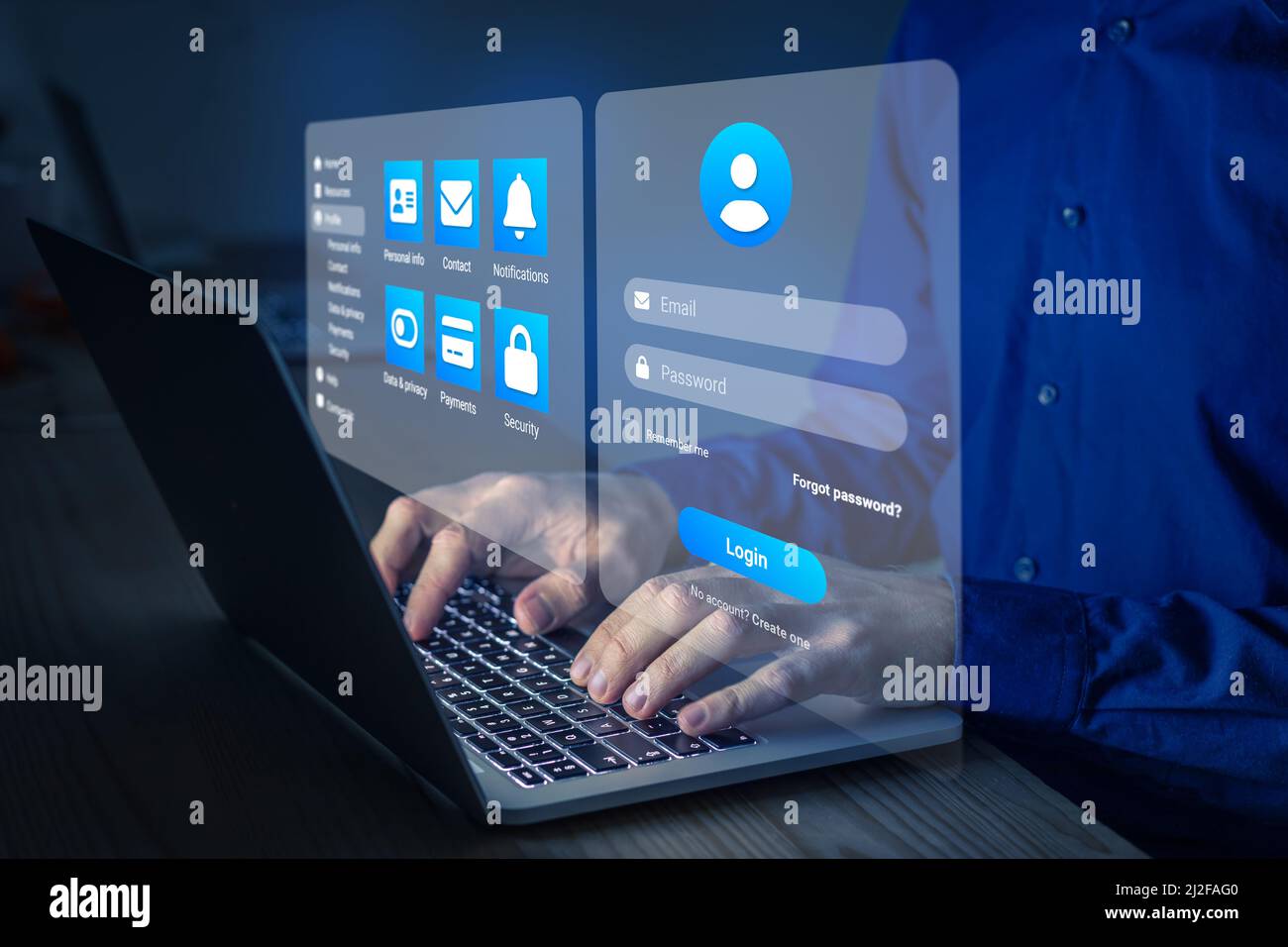 Secure online access with password and login page to manage personal profile account. Secured connection and data security on internet. Cybersecurity Stock Photo