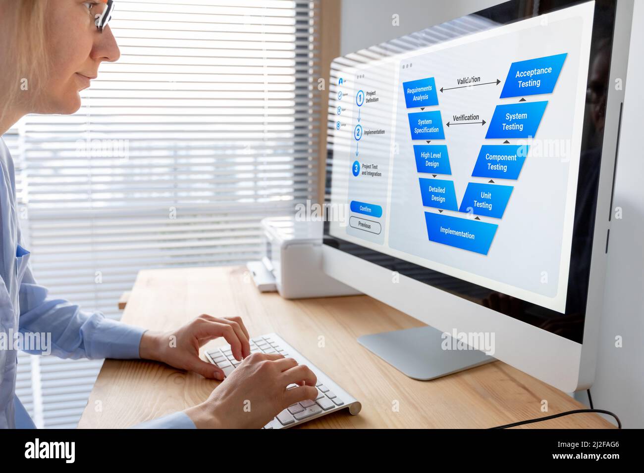 V-Model system development lifecycle methodology used for project management and software development process from design, implementation to integrati Stock Photo