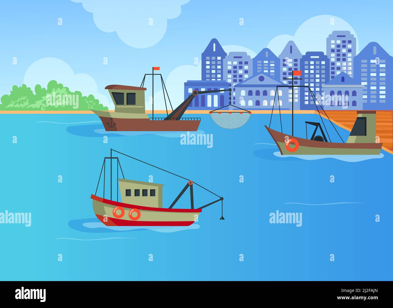 Cartoon fishing boats in harbor flat vector illustration. Three trawlers shipping seafood near landing pier and city background. Ocean, marine industr Stock Vector
