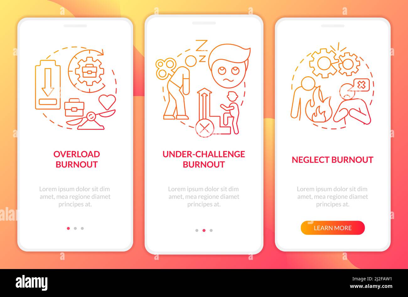 Types of burnout red gradient onboarding mobile app screen Stock Vector
