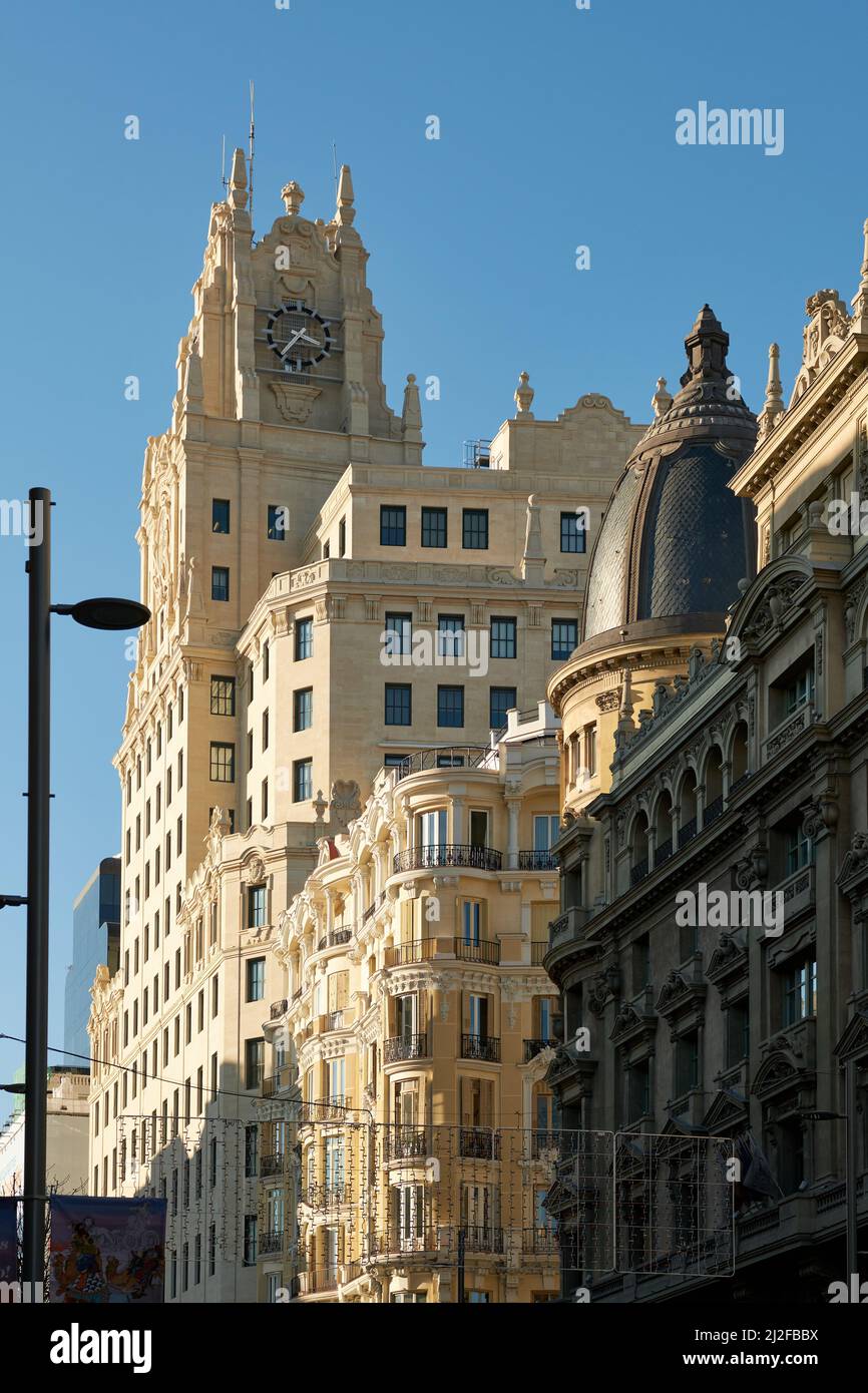 eautiful buildings in the Gran Via, Madrid, Spain. Stock Photo
