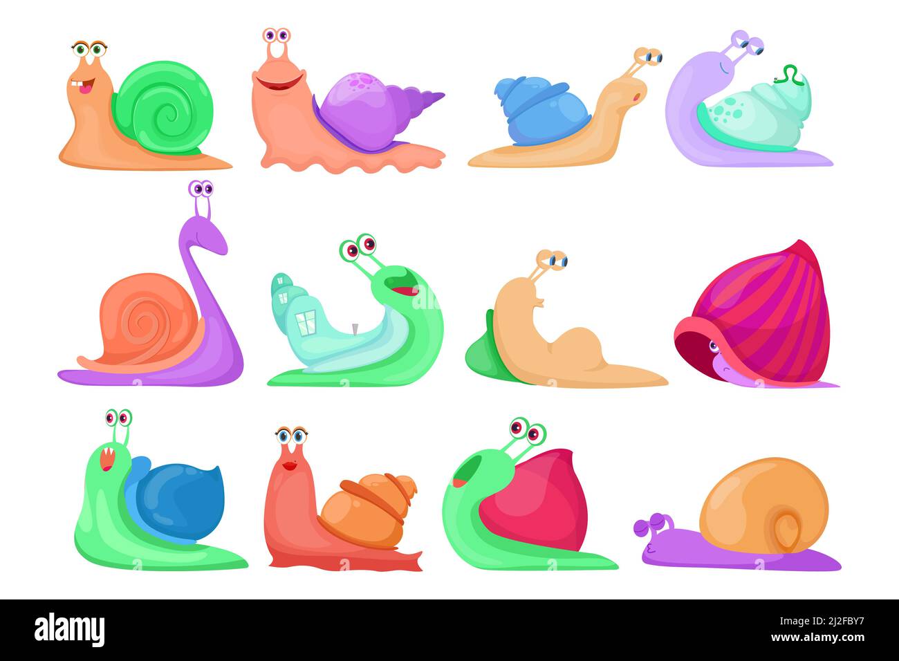 Cartoon set of colorful snail characters vector illustration. Slimy