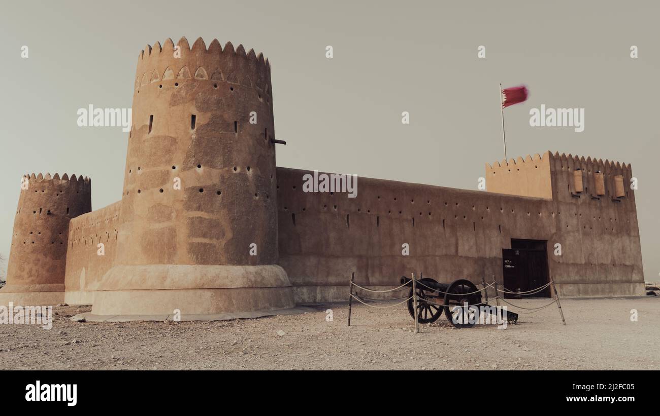 AL ZUBARA,QATAR - MARCH 11, 2021: historic Fort Zubarah (Al Zubara) in North East of the deserts of Qatar on the edge of the Persian gulf. Stock Photo