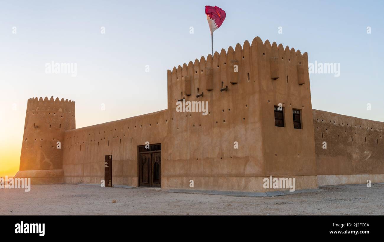 AL ZUBARA,QATAR - MARCH 11, 2021: historic Fort Zubarah (Al Zubara) in North East of the deserts of Qatar on the edge of the Persian gulf. Stock Photo