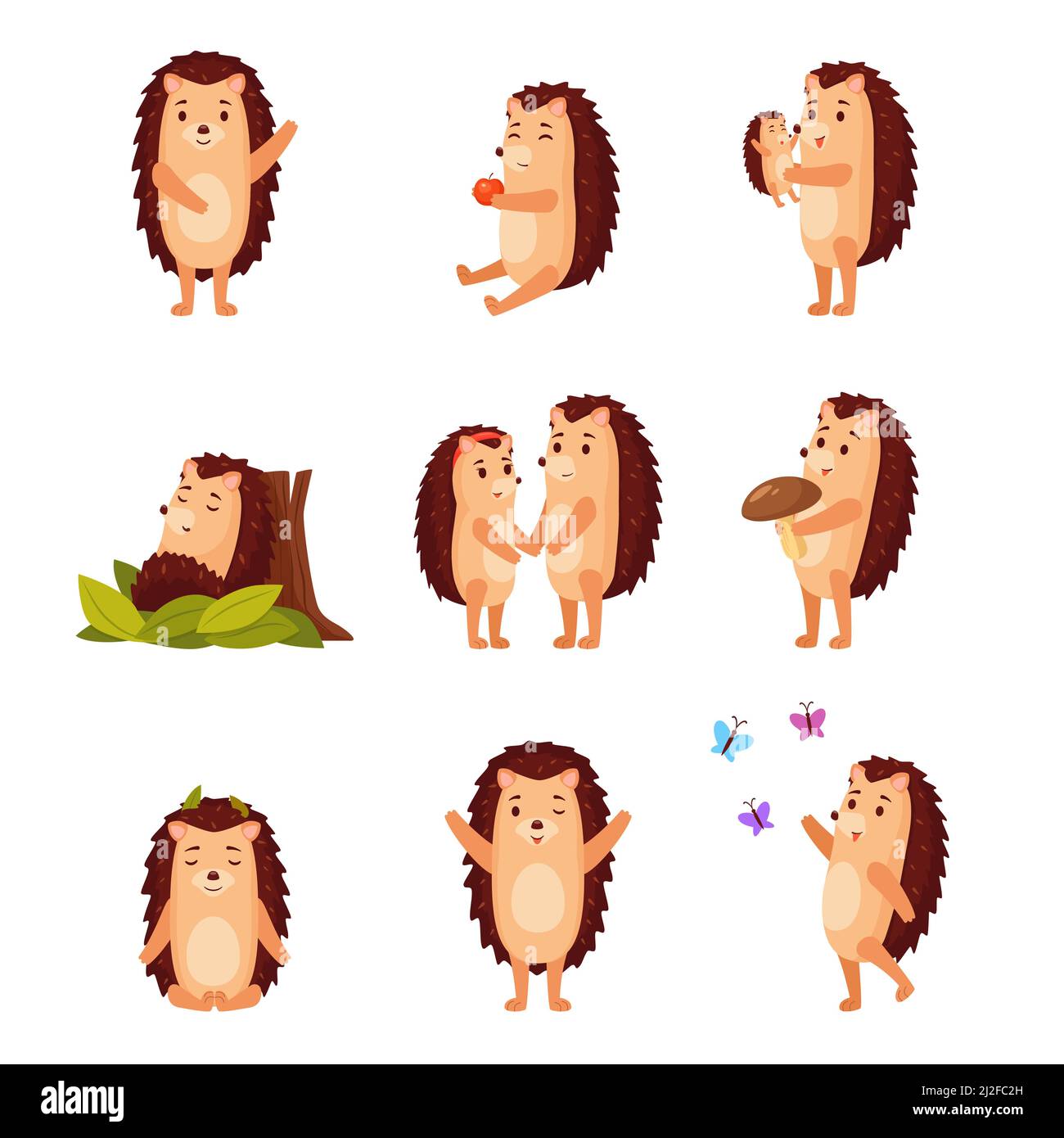 Hedgehog characters vector illustrations set. Wild animal sleeping, waving, meditating, holding baby isolated on white background. Wildlife, animals, Stock Vector