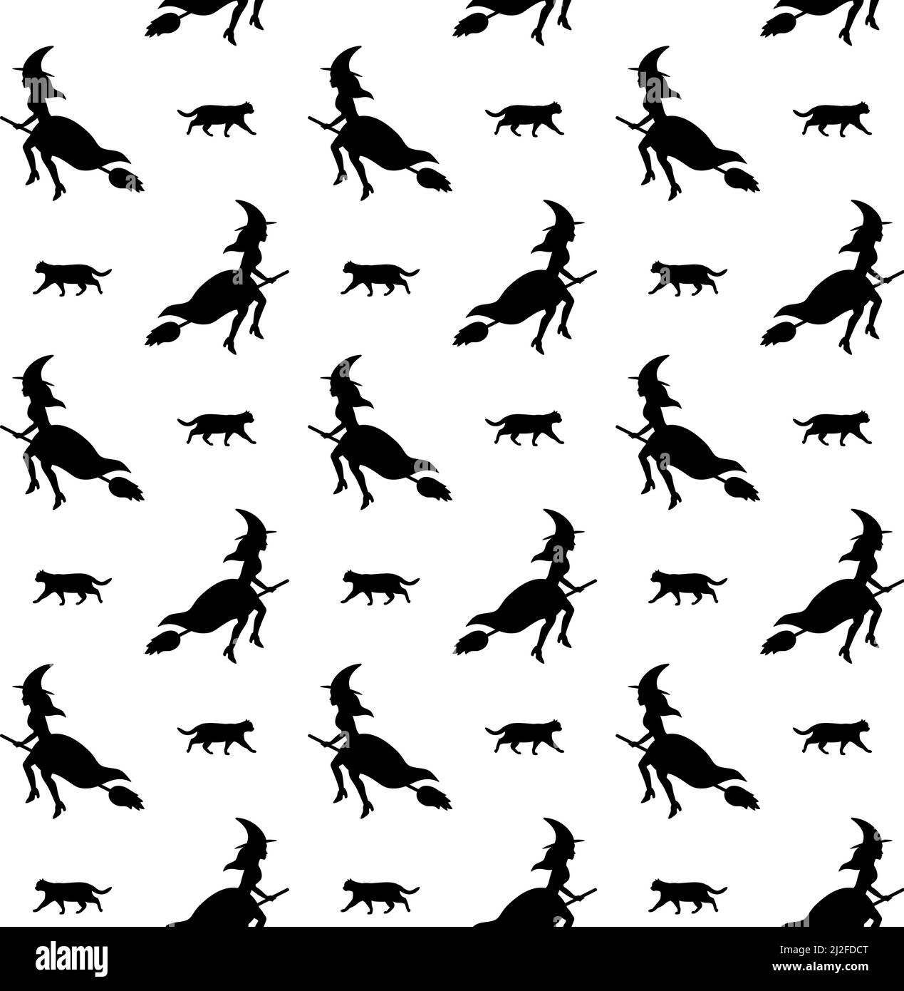 Vector seamless pattern of black witch and cat silhouette isolated on ...