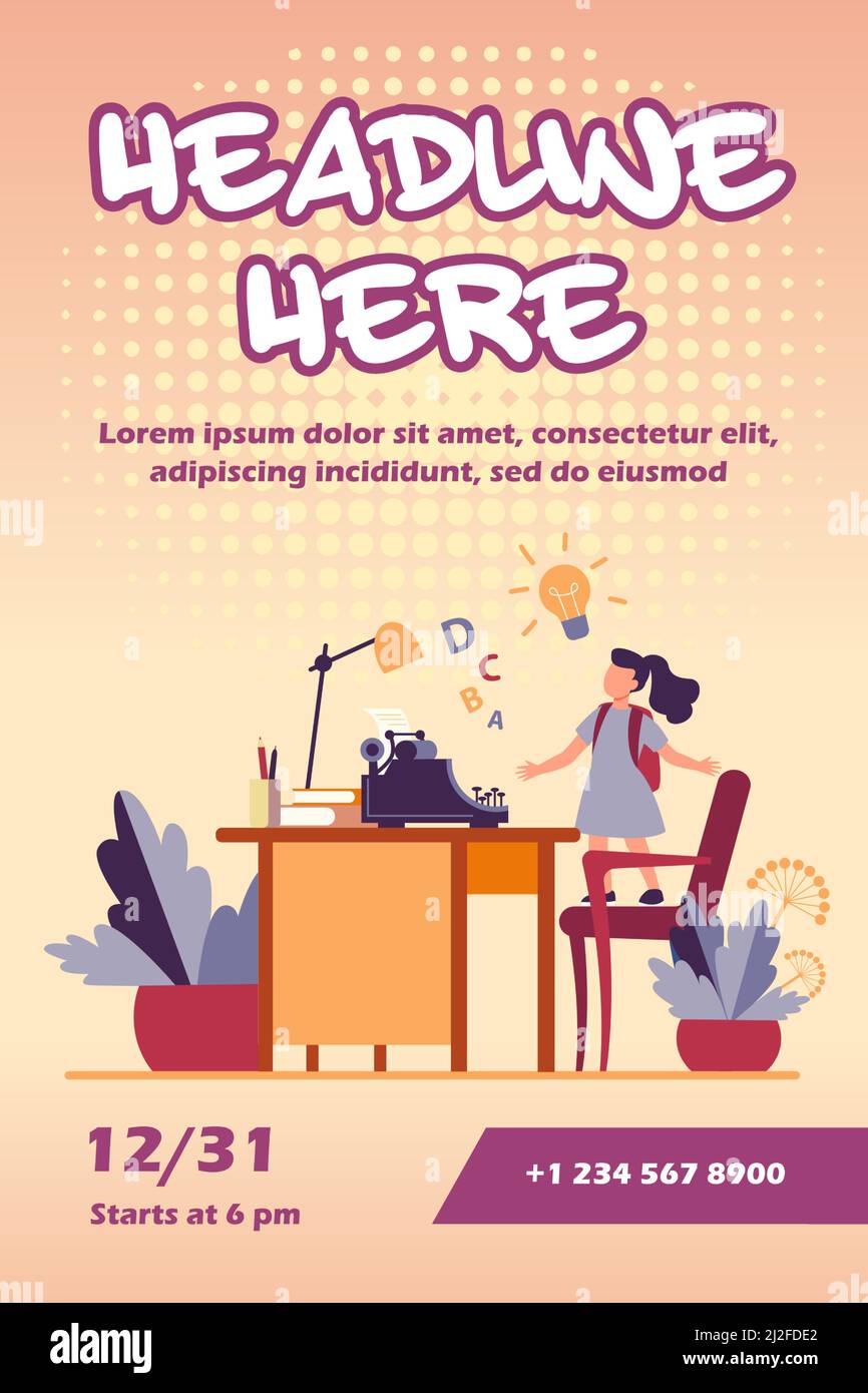 Little girl with idea looking on typewriter. Chair, desk, story flat vector illustration. Imagination and writing concept for banner, website design o Stock Vector
