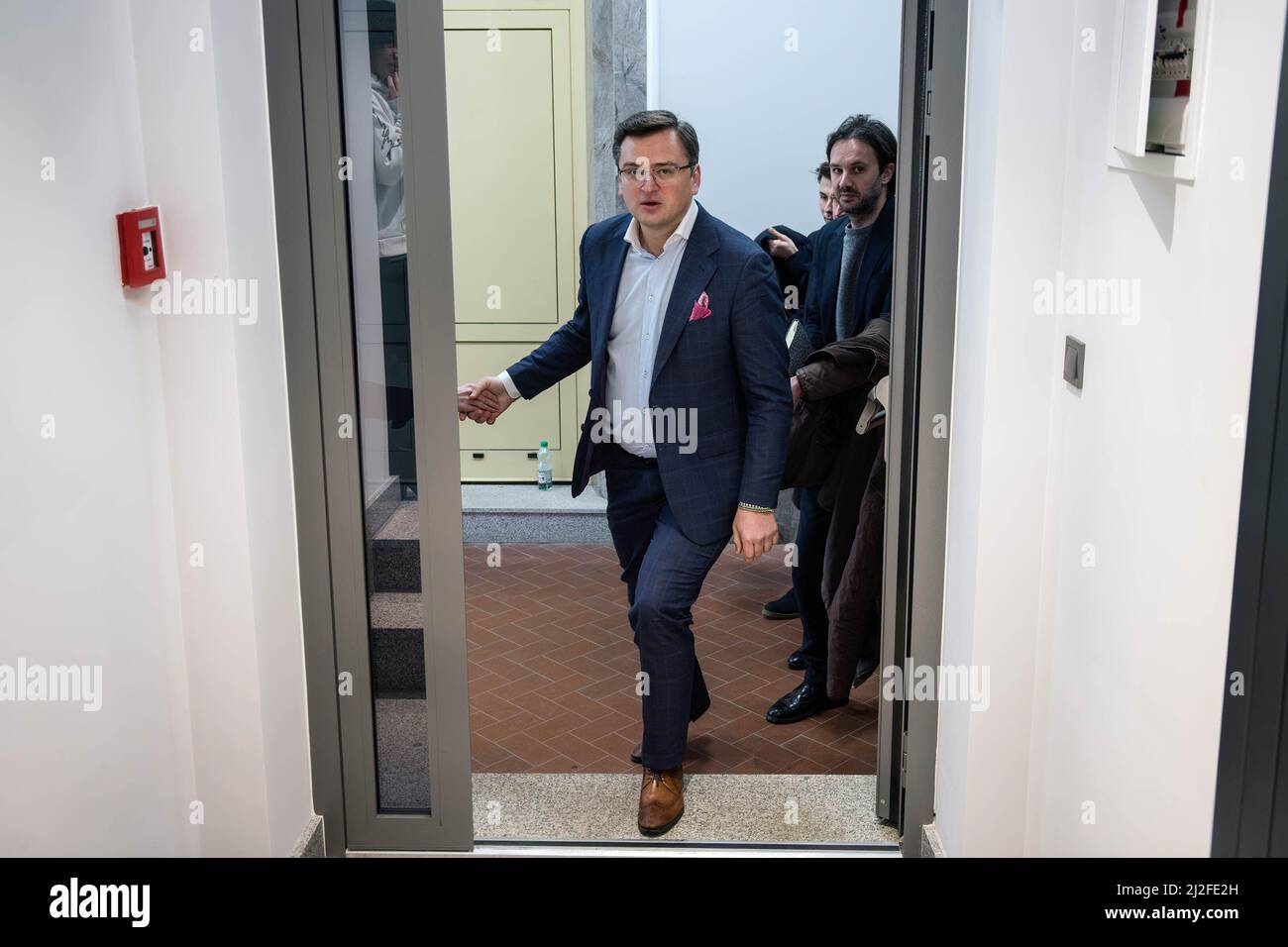 Warsaw, Poland. 01st Apr, 2022. Dmytro Kuleba enters to the Ukrainian Embassy in Warsaw. Press conference of Dmytro Kuleba, the Ukrainian Foreign Minister, and Mariana Bezugla, the staffer of the Ukrainian Ministry of Defence and member of the Ukrainian Parliament, at the Ukrainian Embassy. Credit: SOPA Images Limited/Alamy Live News Stock Photo