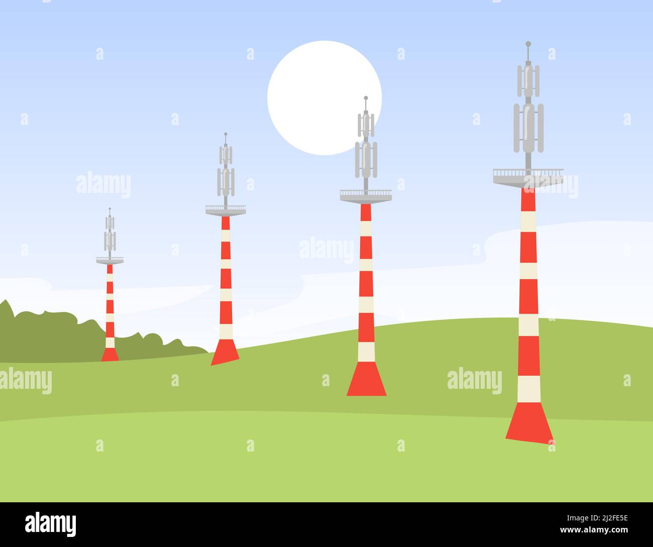 Metal signal transmission towers in field. S un, Wi-Fi, network flat vector illustration. Communication and connection concept for banner, website des Stock Vector