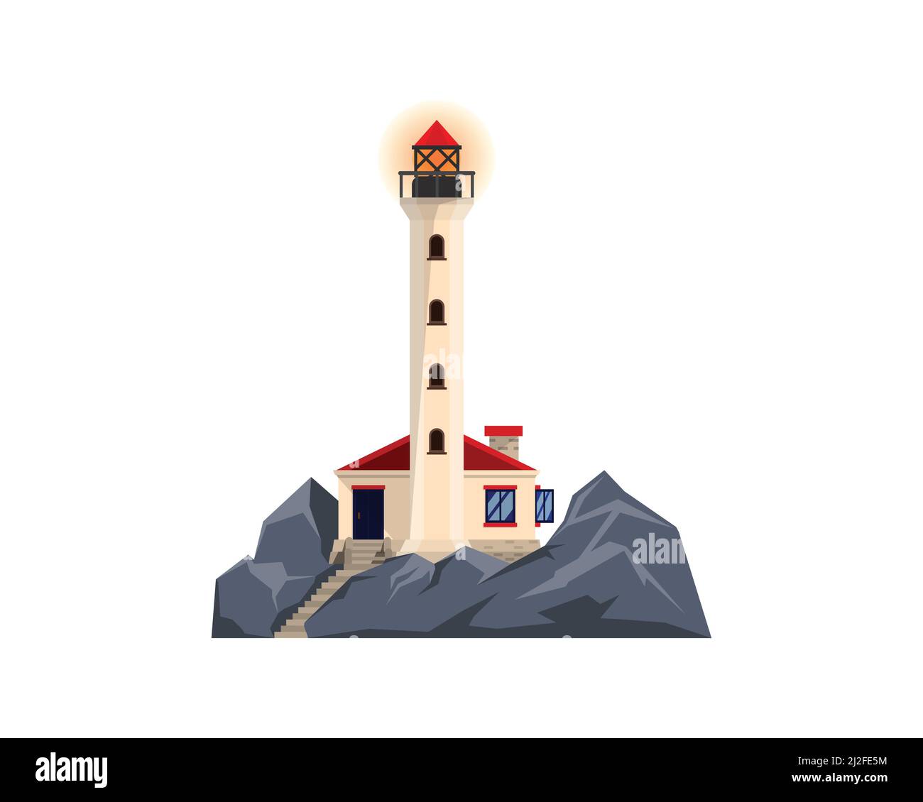 Detailed Lighthouse at Steepy Rocky Island Illustration Vector Stock Vector