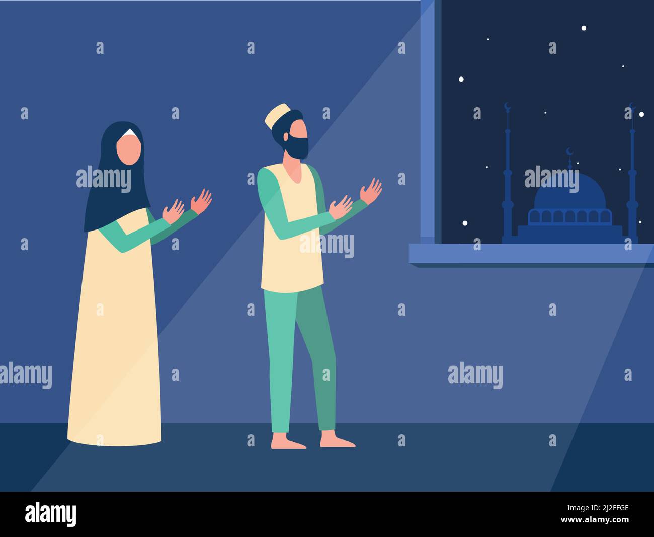 Muslim family praying at night together. Namaz, Islam, mosque flat vector illustration. Religion and faith concept for banner, website design or landi Stock Vector