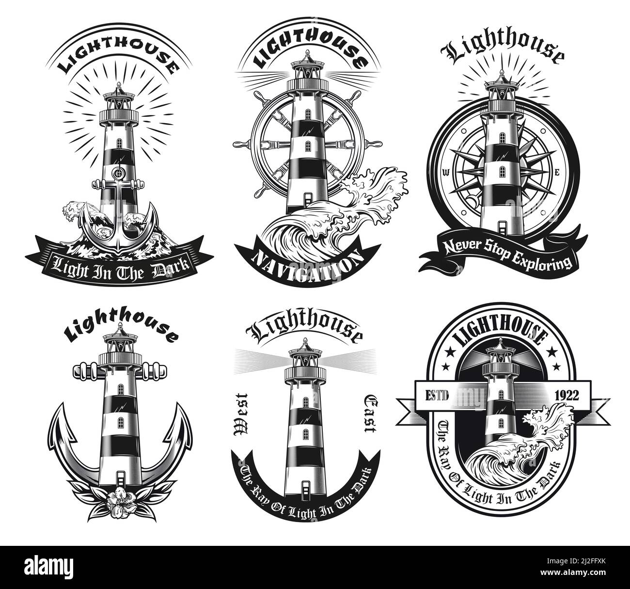 Monochrome emblems with lighthouse vector illustration set. Vintage stickers of tower with beacon light in sea. Guiding ships and navigation concept c Stock Vector