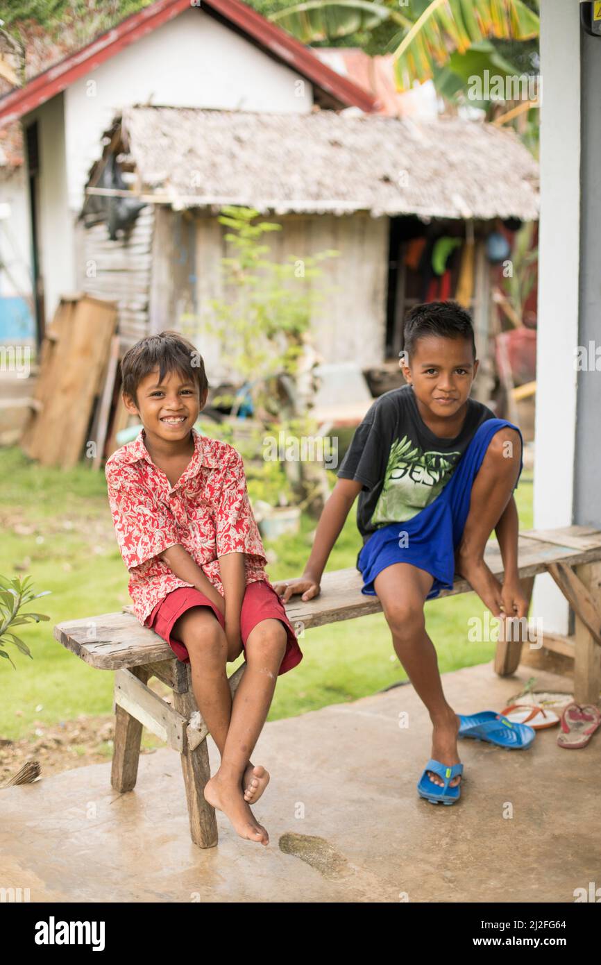 Two young village boys on Karampuang Island, Indonesia, Asia. Stock Photo
