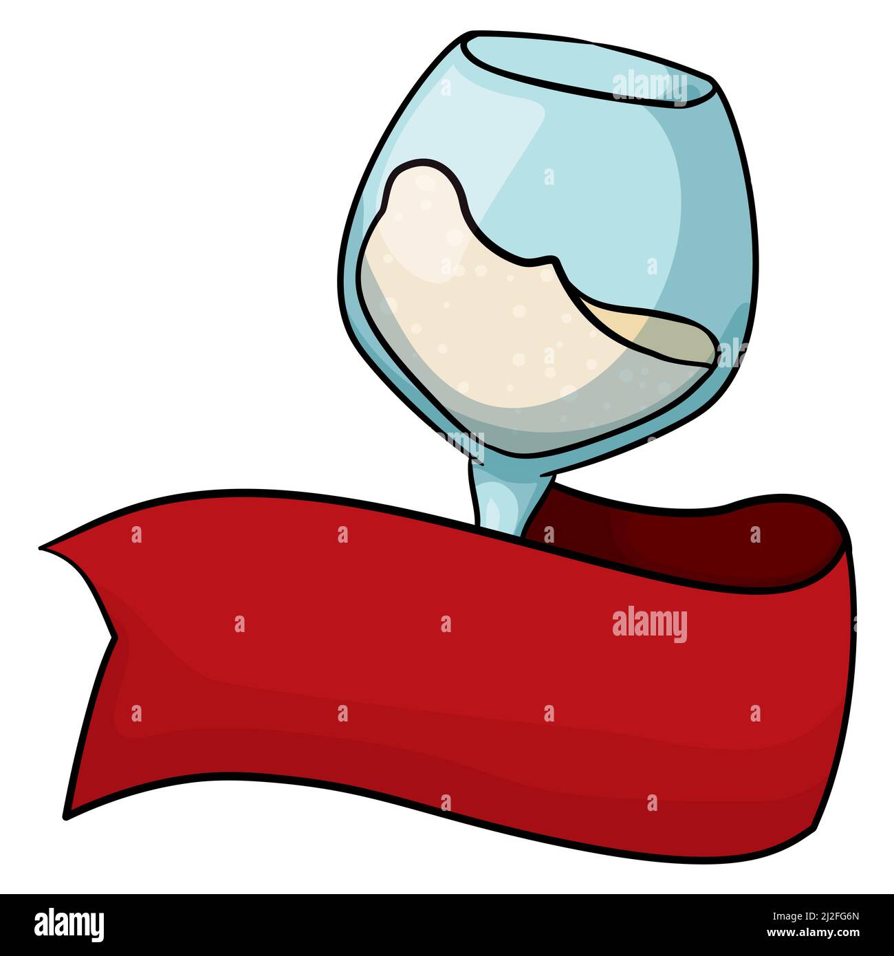 Template with empty red ribbon decorating an elegant wine glass with delicious champagne. Design in cartoon style. Stock Vector