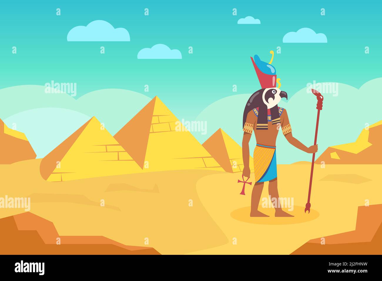 Egyptian god with walking stick surrounded by ancient pyramids. Cartoon vector illustration. Egyptian deity Horus going through desert, holding ankh. Stock Vector
