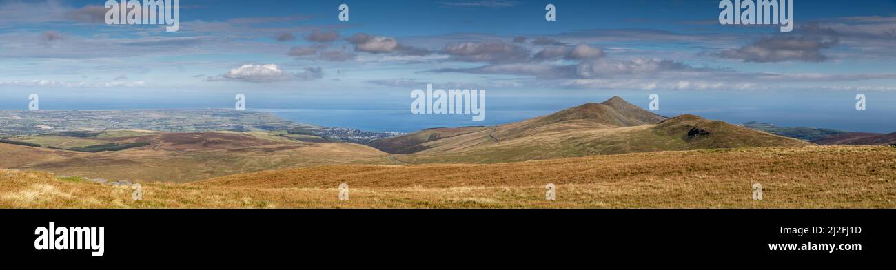 Panoramic view from the summit of Snaefell on the Isle of Man Stock Photo