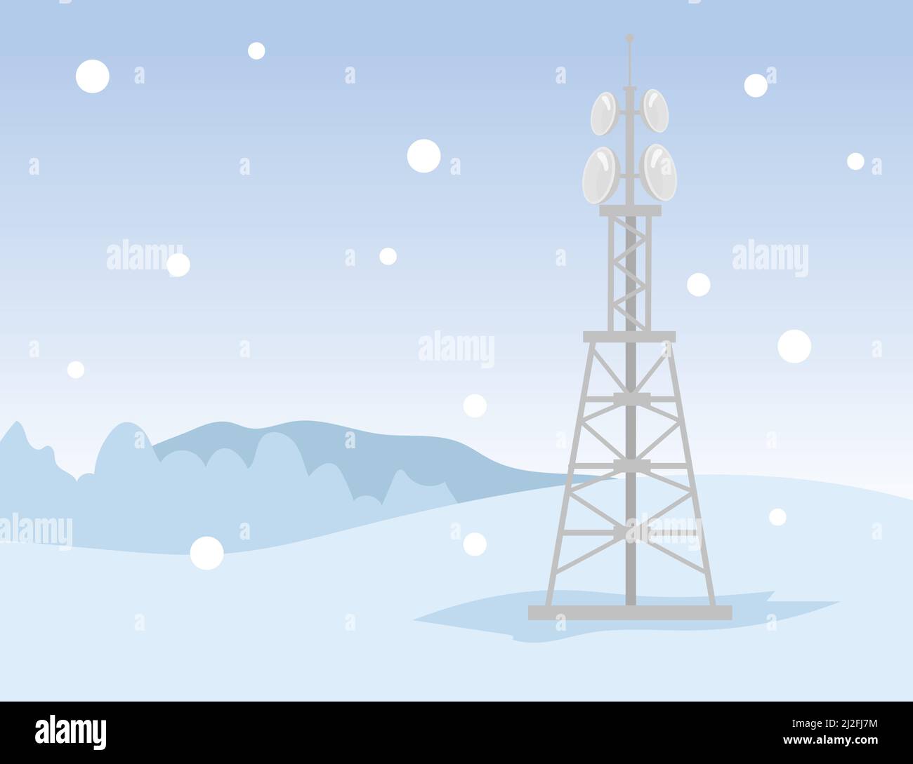 One metal signal transmission tower in winter field. Snow, network, internet flat vector illustration. Communication and connection concept for banner Stock Vector