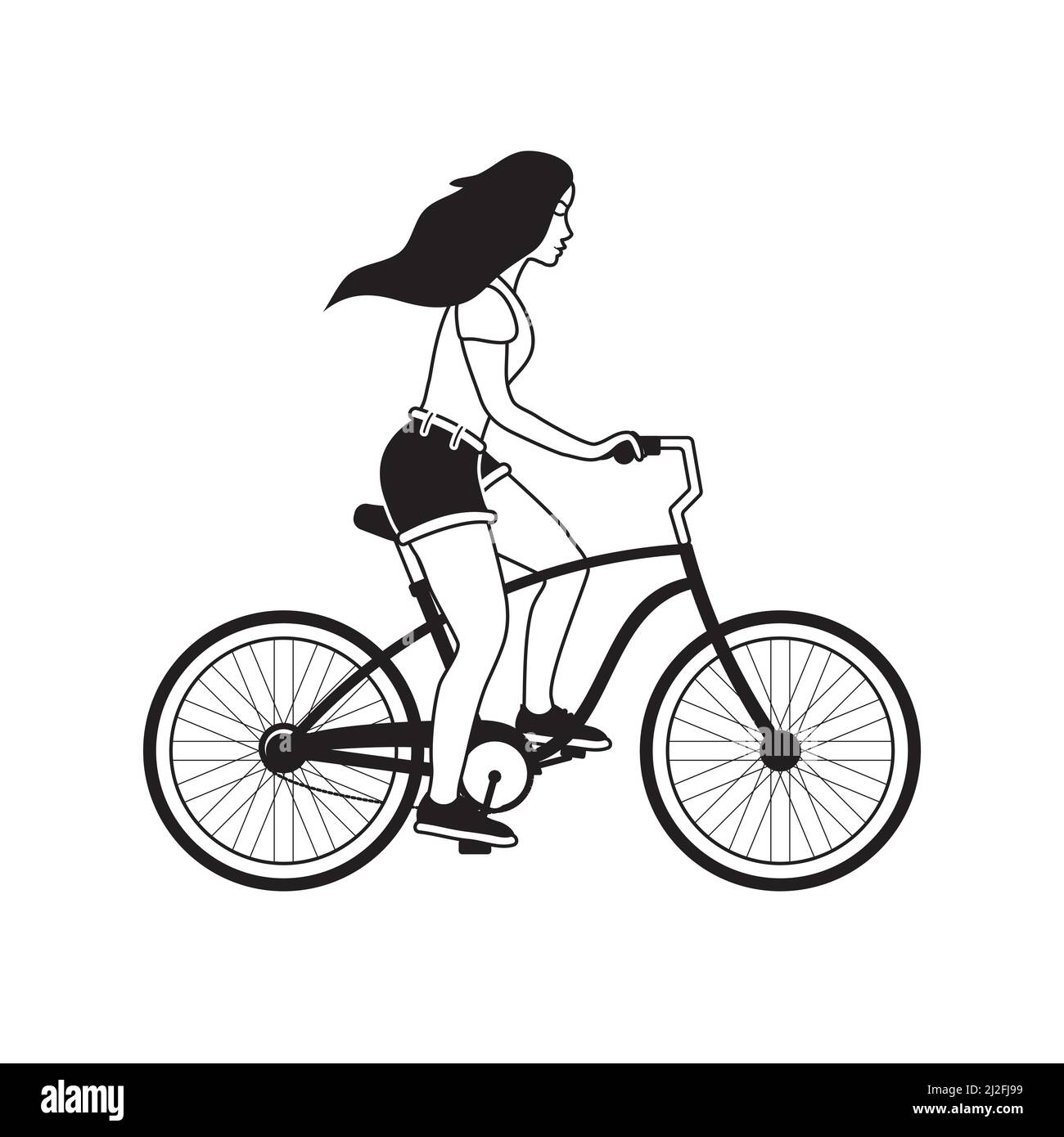 Vector flat black outline girl woman riding a bicycle isolated on white