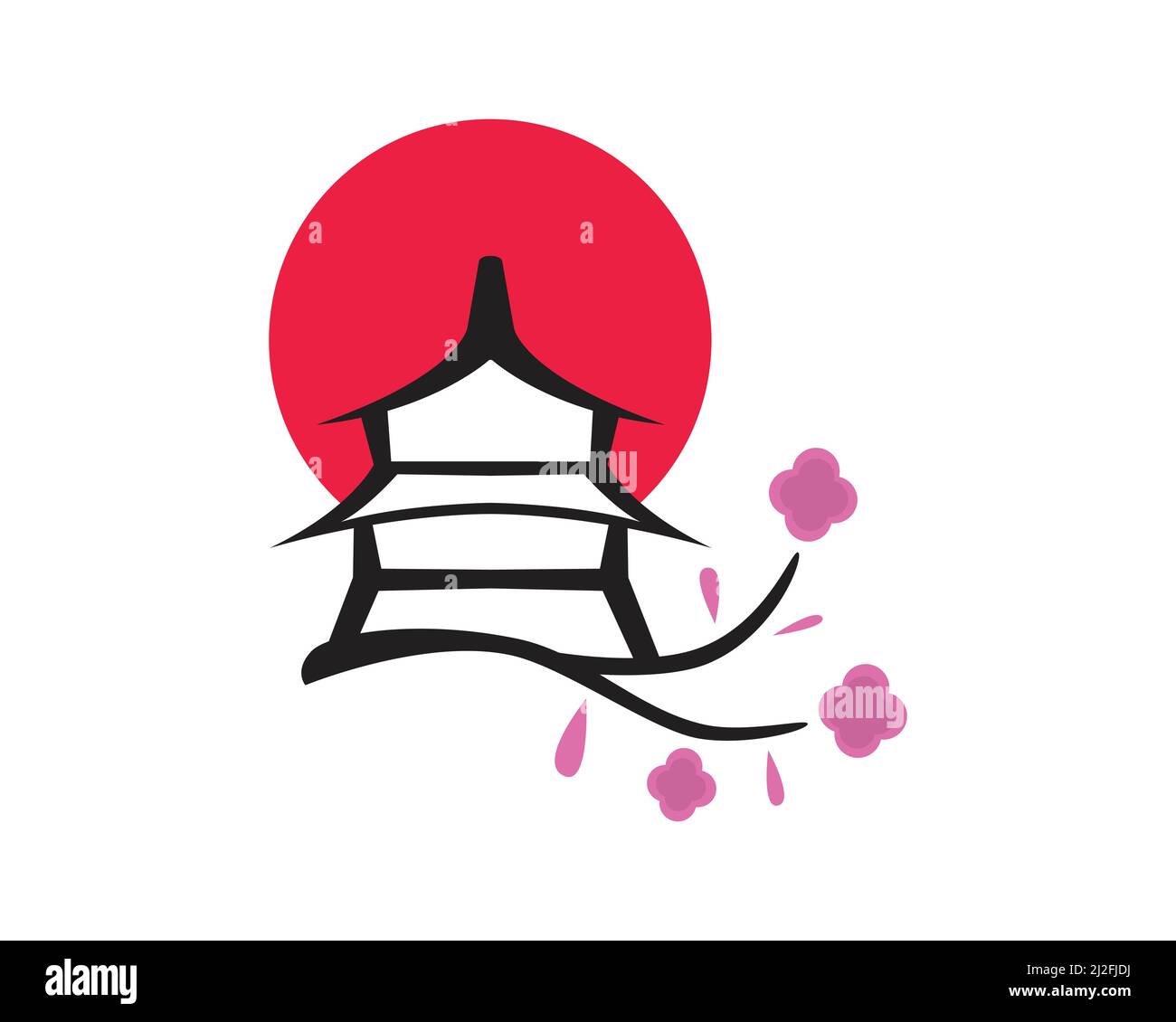 Japanese Landscape with Pagoda, Sakura Flowers and a Red Circle as a Symbolization of Japan Vector Stock Vector