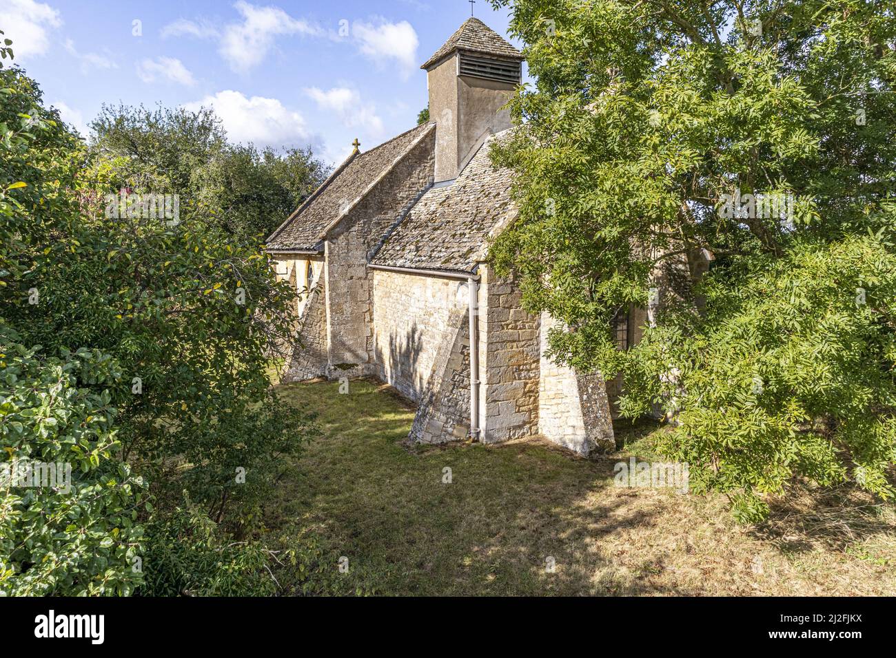 The tiny 12th century church of St Mary at Little Washbourne, Gloucestershire, England UK - now administered by The Churches Conservation Trust Stock Photo