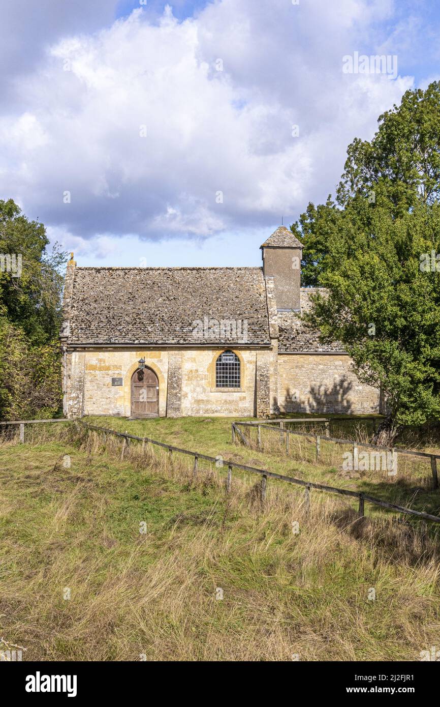 The tiny 12th century church of St Mary at Little Washbourne, Gloucestershire, England UK - now administered by The Churches Conservation Trust Stock Photo