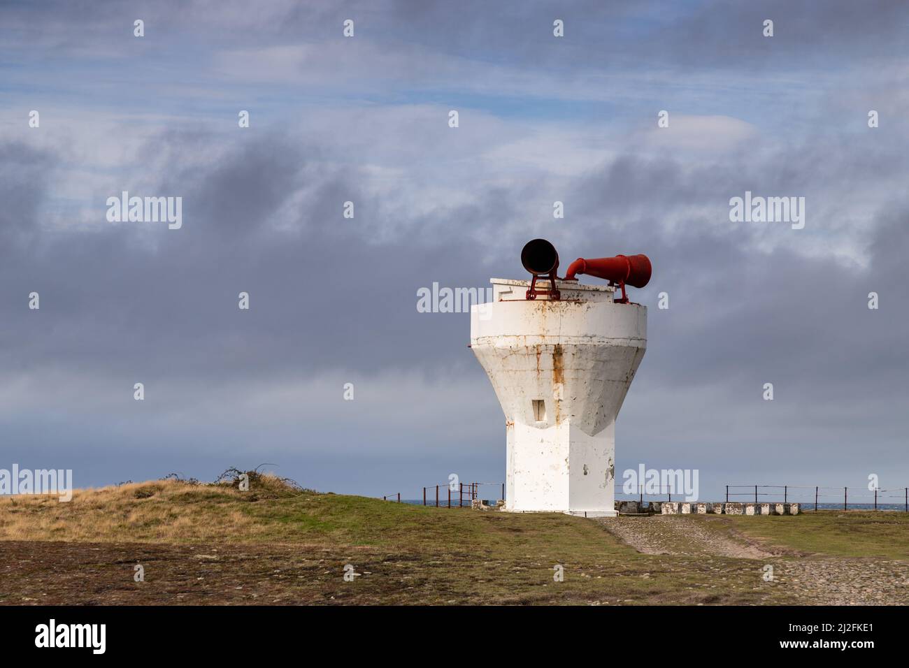 Foghorn at the Point of Ayre on the Irish Sea coast of the Isle of Man Stock Photo