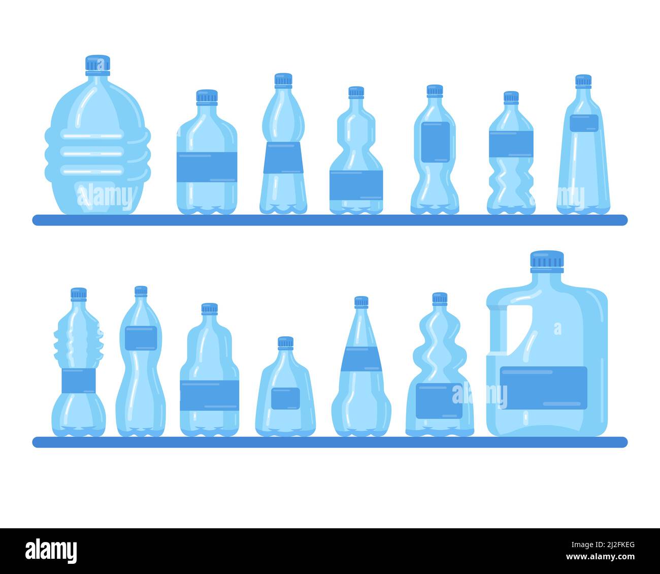 Plastic bottles collection. Transparent containers of different sizes, liter for recycling set isolated on white. Vector illustrations for pure water Stock Vector