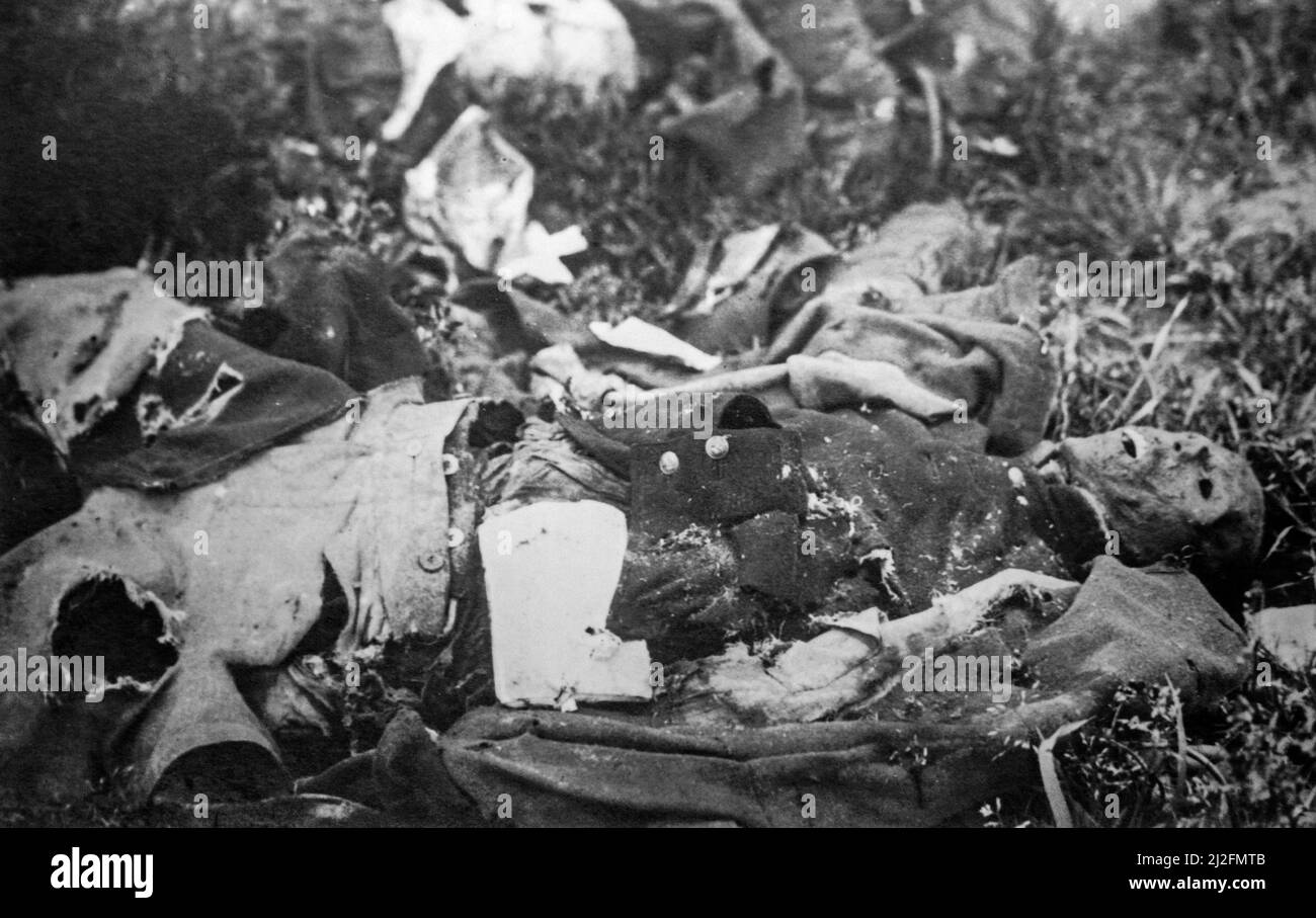 Old black and white photograph of decaying dead body / corpse of killed WWI soldier on battlefield during First World War One Stock Photo