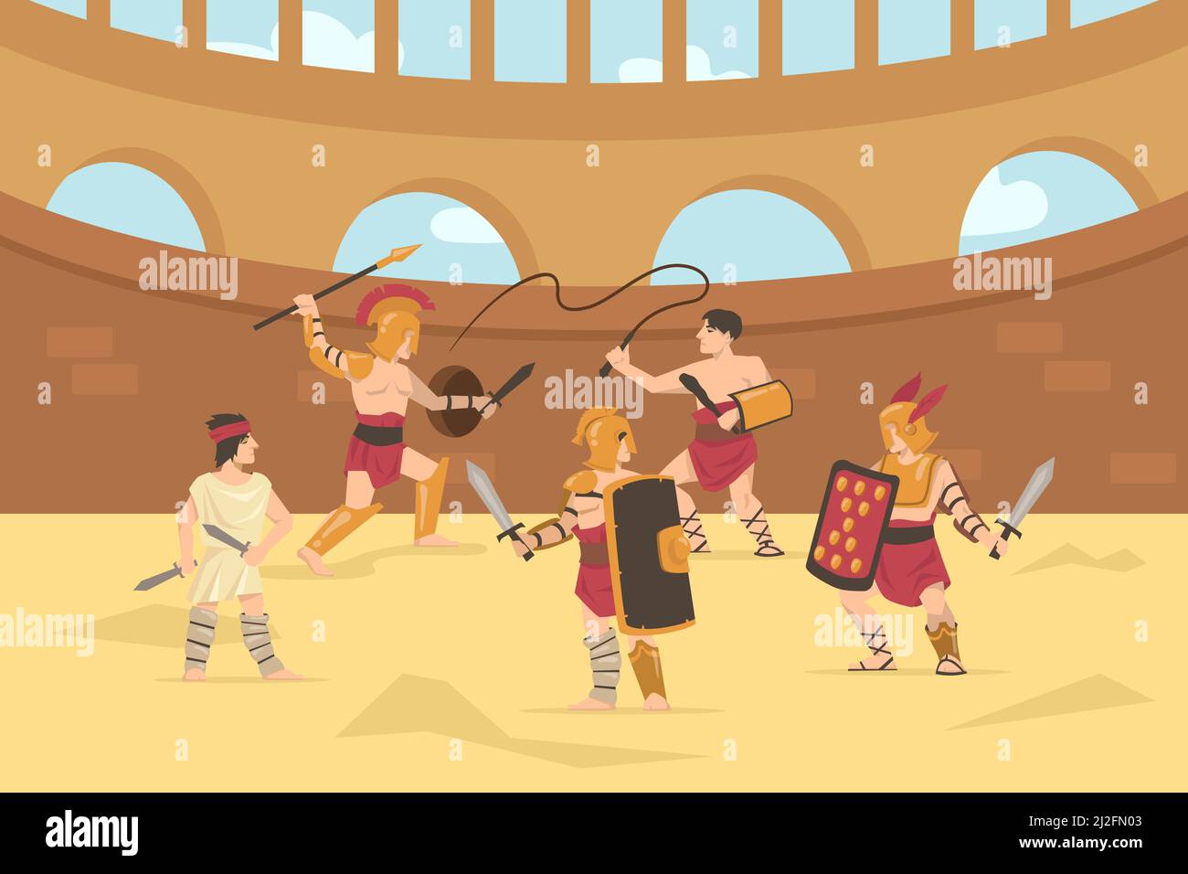 Roman armored soldiers fighting with swords, spears and whips. Cartoon vector illustration. Gladiator fight in Colosseum battlefield of ancient Rome, Stock Vector