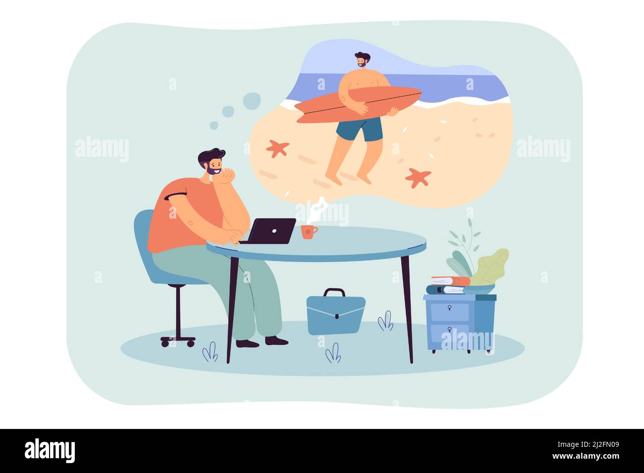 Relaxed business man dreaming of holidays in tropical island, planning surfing on vacation at sea while working at laptop. Flat vector illustration Stock Vector