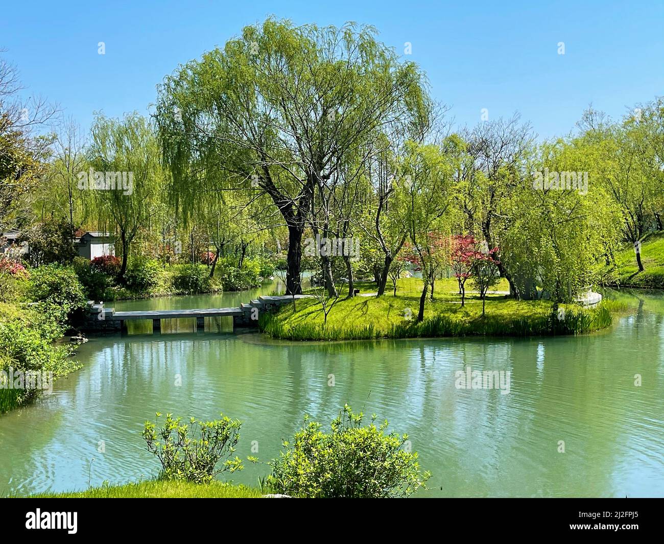 A beautiful shot of a lake in Jardin Japonais Pierre Baudis  garden on a sunny day Stock Photo