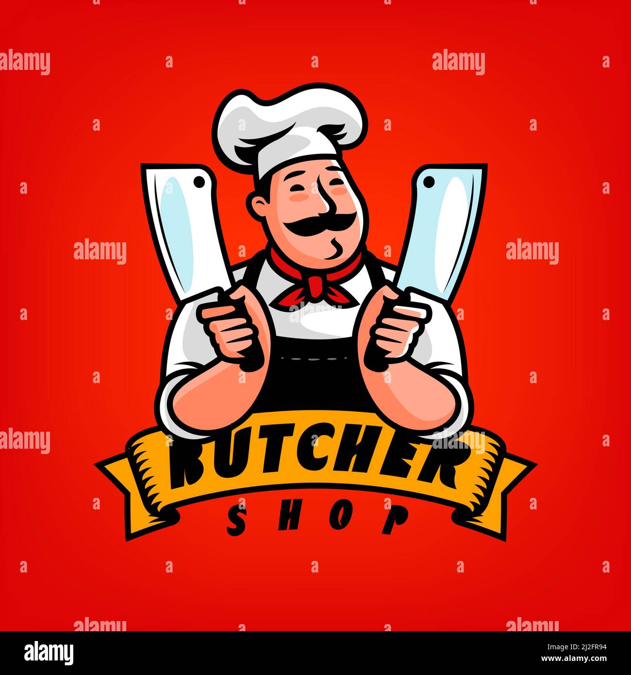 Butcher shop logo emblem for design. Funny Chef with cleaver cartoon character vector illustration Stock Vector