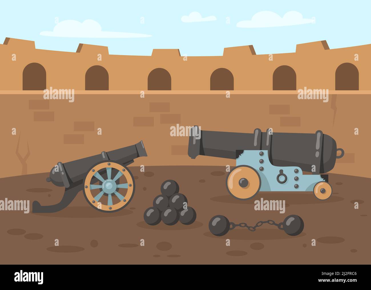 Medieval cannons with cannonballs on tower. Old military weapon for defending fortress in battle flat vector illustration. Middle Ages, history, war c Stock Vector