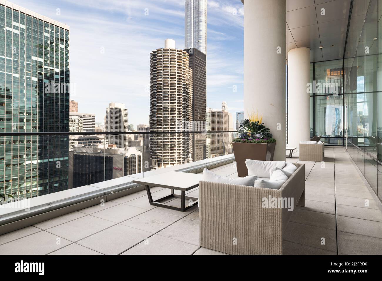 A balcony on a downtown Chicago apartment looking out over the
