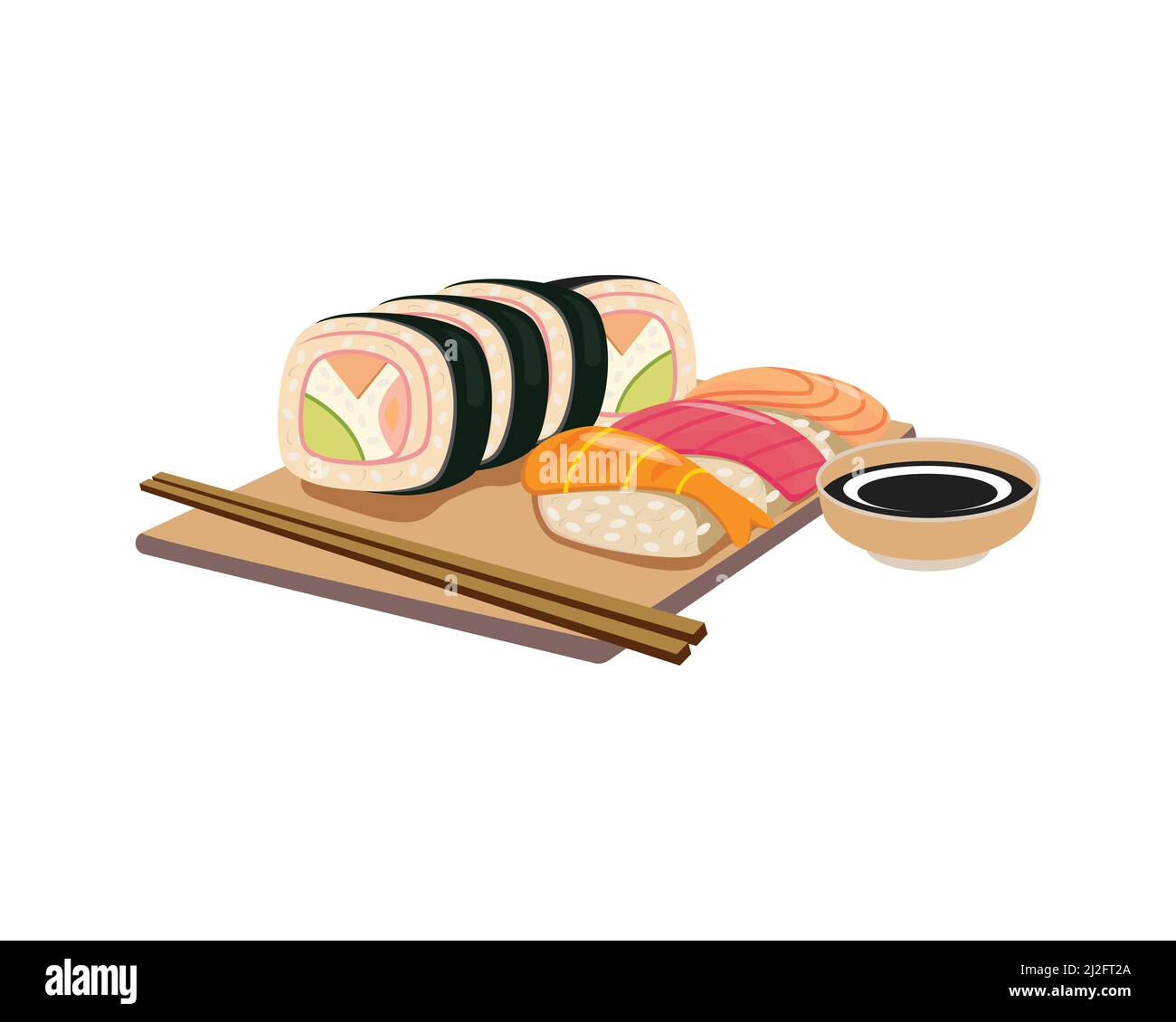 Detailed Sushi the Japanese Food with Chopsticks Illustration Vector Stock Vector