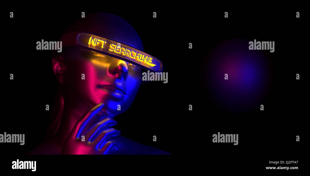 Illuminated neon NFT SEARCHING text on VR headset glasses on avatar cyber head. Non Fungible Token concept of virtual reality, video games, technology Stock Photo