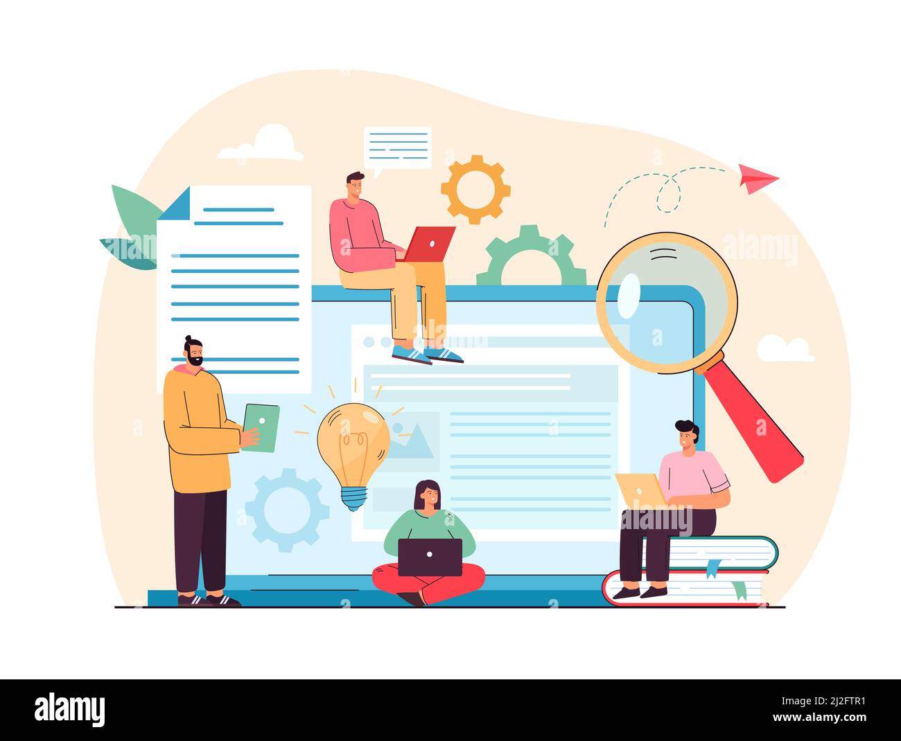 Tiny content writers creating web articles flat vector illustration. Cartoon creative SEO or blog authors writing text on laptop computers. Freelance, Stock Vector