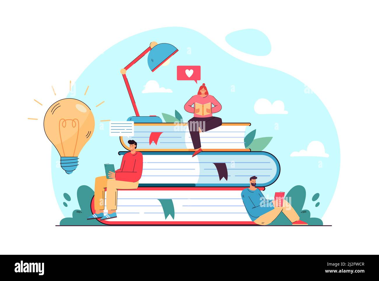 Tiny student sitting on book pile and reading flat vector illustration. Cartoon bookworm people studying and getting new knowledge. Library, literatur Stock Vector