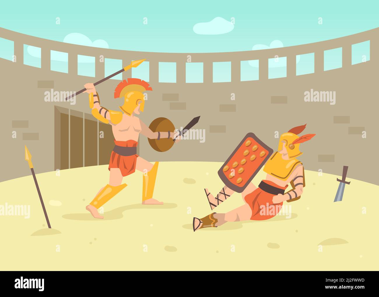 Two roman armored warriors fighting with swords on arena. Cartoon vector illustration. Gladiator fight in Colosseum battlefield of ancient Rome, Greec Stock Vector