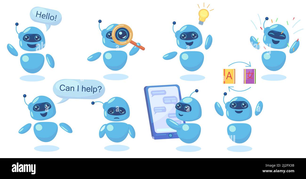 Modern cute chatbot in different poses flat illustration set. Cartoon friendly robot for mobile app isolated vector illustration collection. Conversat Stock Vector