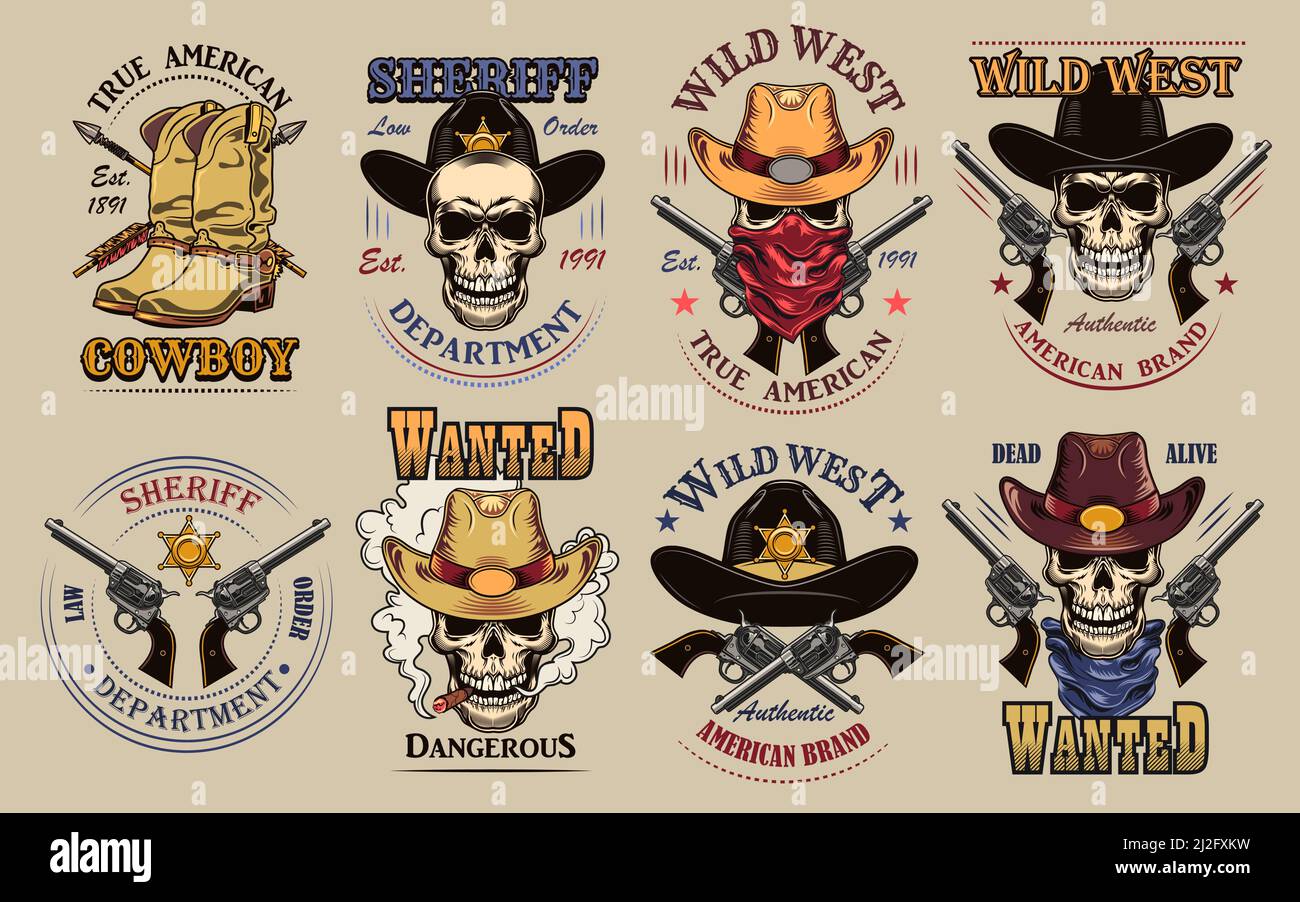 Vintage wild west flat sign set. Colorful saloon or rodeo emblems and labels with cowboy skulls, guns and boots vector illustration collection. Wanted Stock Vector