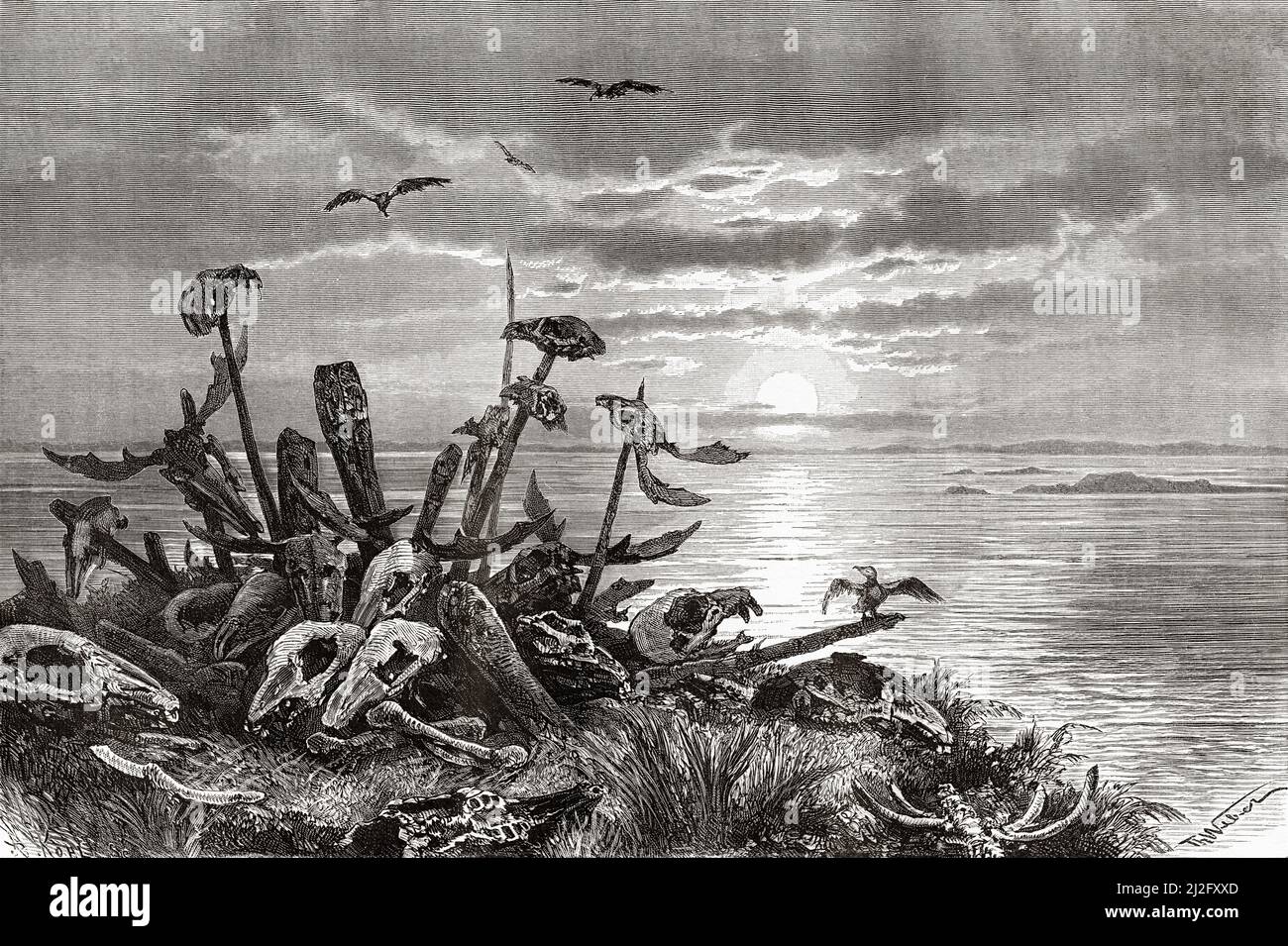 Hill of Sacrifice on Waigatsch Island. Archipelago of Nova Zembla, off the Arctic coast of Siberia, between the Pechora Sea and the Kara Sea. The Voyage of La Vega through Asia and Europe by Adolf Erik Nordenskiold 1879-1880, Le Tour du Monde 1882 Stock Photo