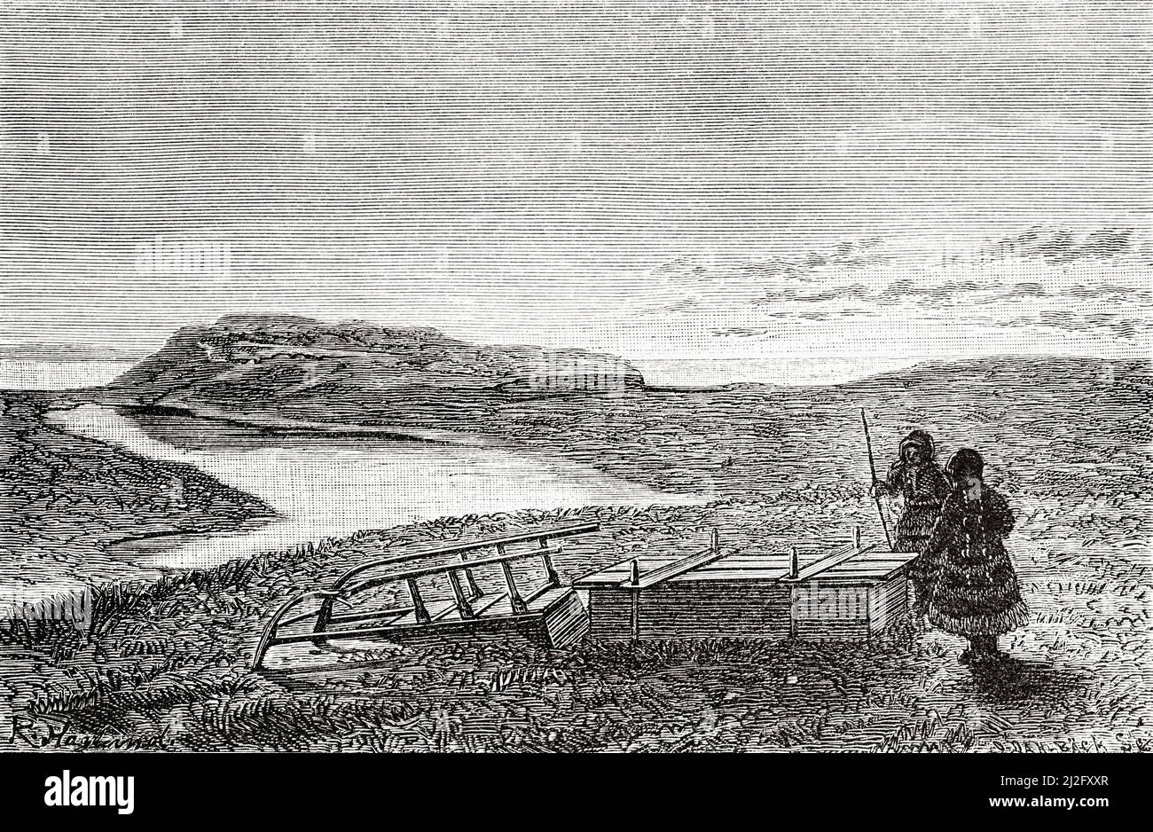 Tomb of a Samoyed, island of Vaigach. Novaya Zemlya. Arctic, Russia. The Voyage of La Vega through Asia and Europe by Adolf Erik Nordenskiold 1879-1880, Le Tour du Monde 1882 Stock Photo
