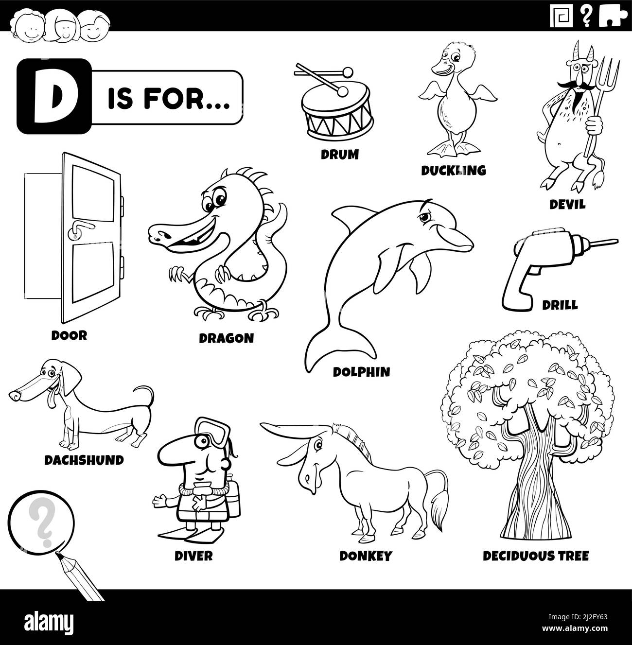 Black and white educational cartoon illustration of comic characters and objects starting with letter D set for children coloring book page Stock Vector