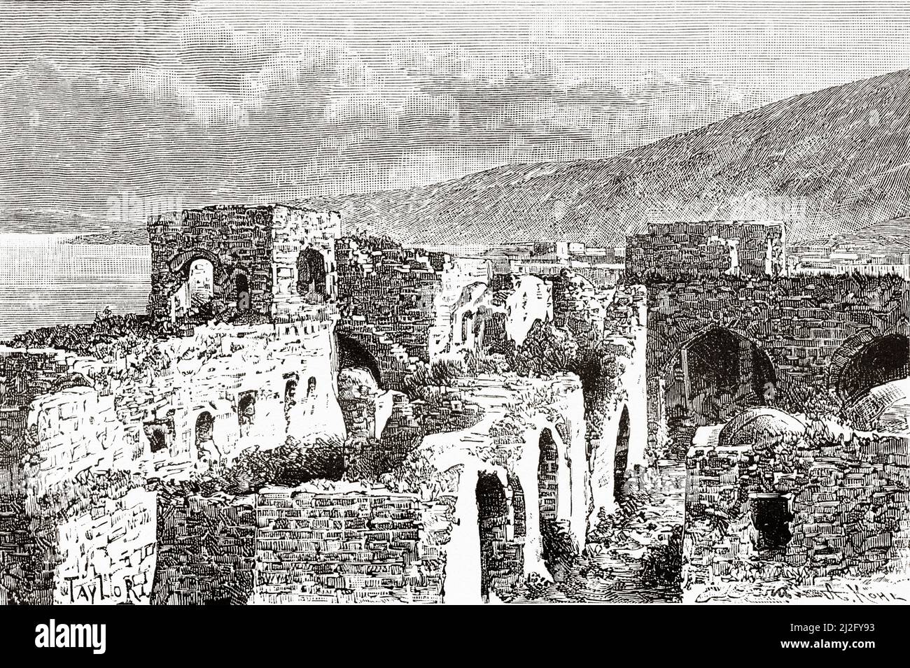 Crusader Fortress Ruins. Castle of Tancred of Hauteville, Tiberias. Israel, Middle East, Orient. Syria by Charles Louis Lortet (1836-1909) Le Tour du Monde 1882 Stock Photo