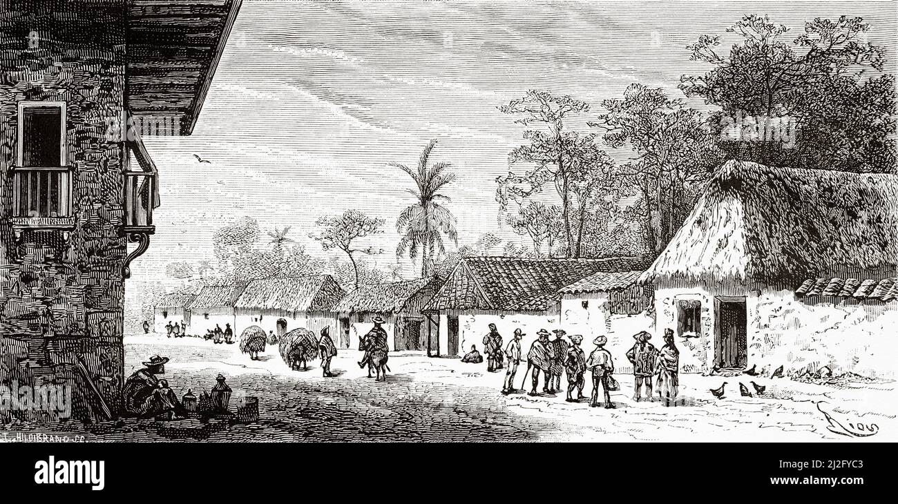Daily life on a street in the city of Neiva, Colombian municipality, capital of the department of Huila on the eastern bank of the Magdalena River, Colombia. South America. Voyage of exploration through New Granada and Venezuela by Jules Crevaux 1880-1881. Le Tour du Monde 1882 Stock Photo