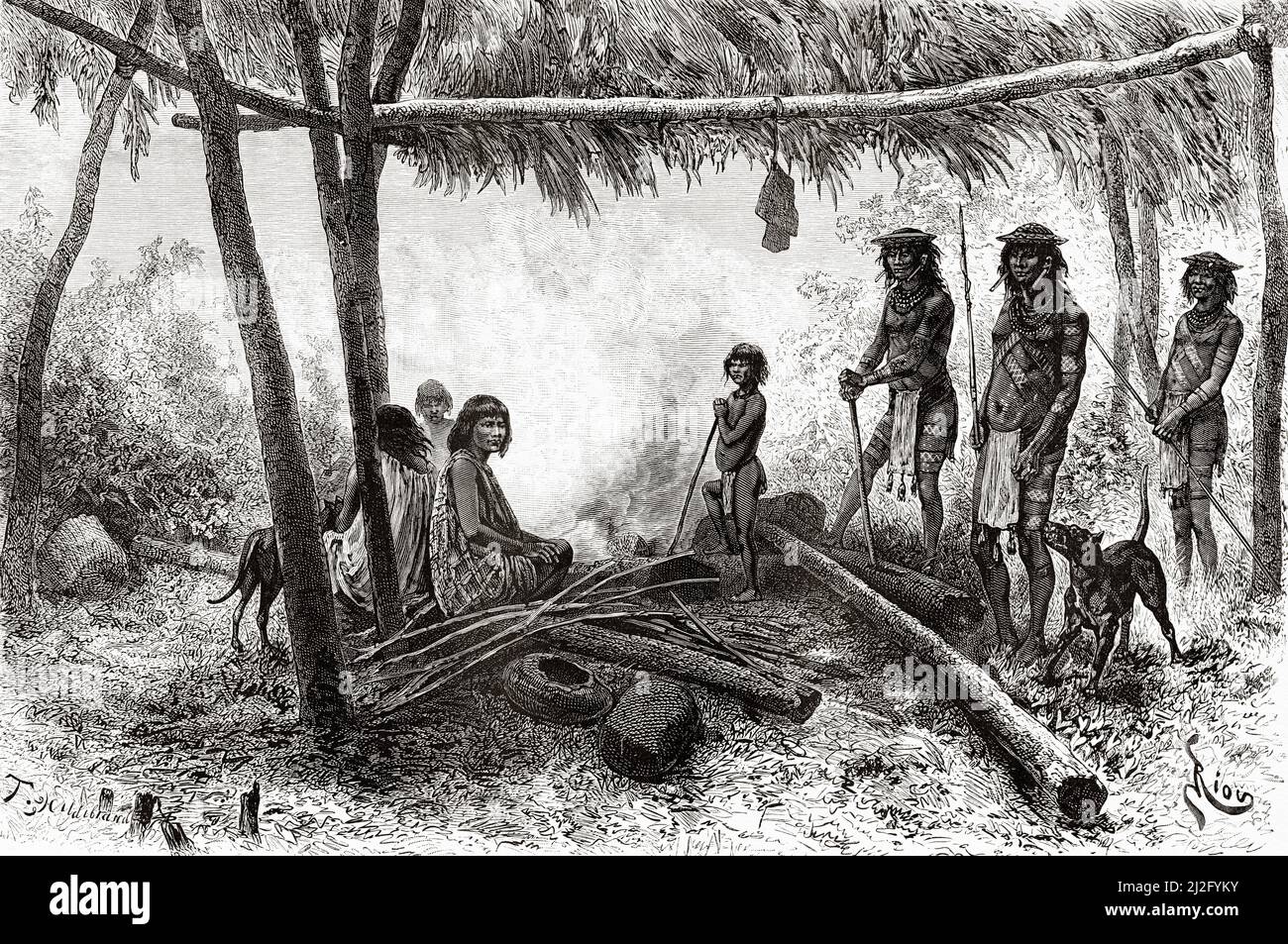 The Guahíbo Indians, Sikuani, Jivi or Jiwi are an indigenous people who live in the Llanos del Orinoco, between the Guaviare, Meta and Arauca rivers, in the Colombian departments of Vichada, Meta in Venezuela. South America. Voyage of exploration through New Granada and Venezuela by Jules Crevaux 1880-1881. Le Tour du Monde 1882 Stock Photo