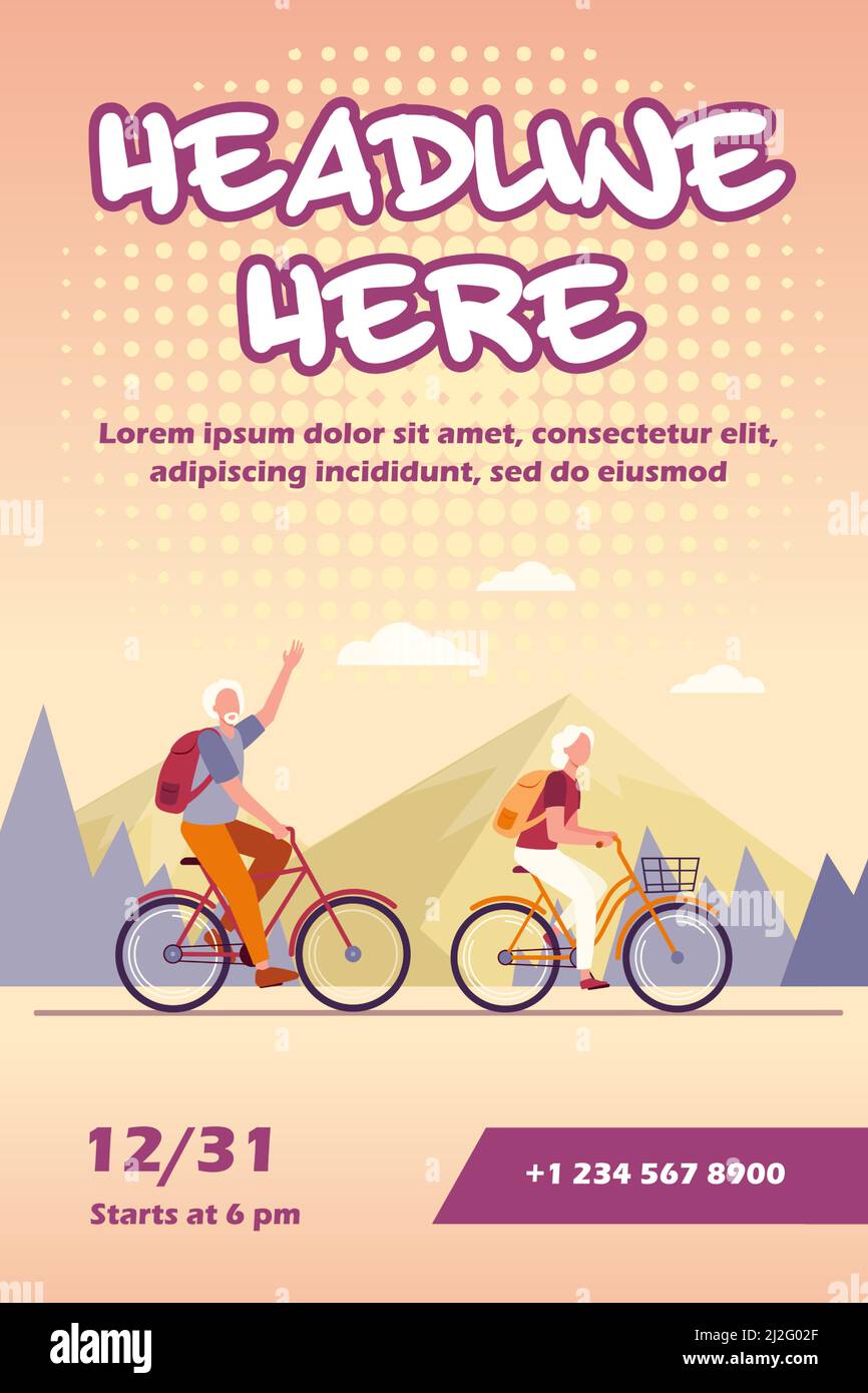 Senior couple riding bikes outdoors. Old man and woman cycling in mountains flat vector illustration. Active lifestyle, leisure, activity concept for Stock Vector